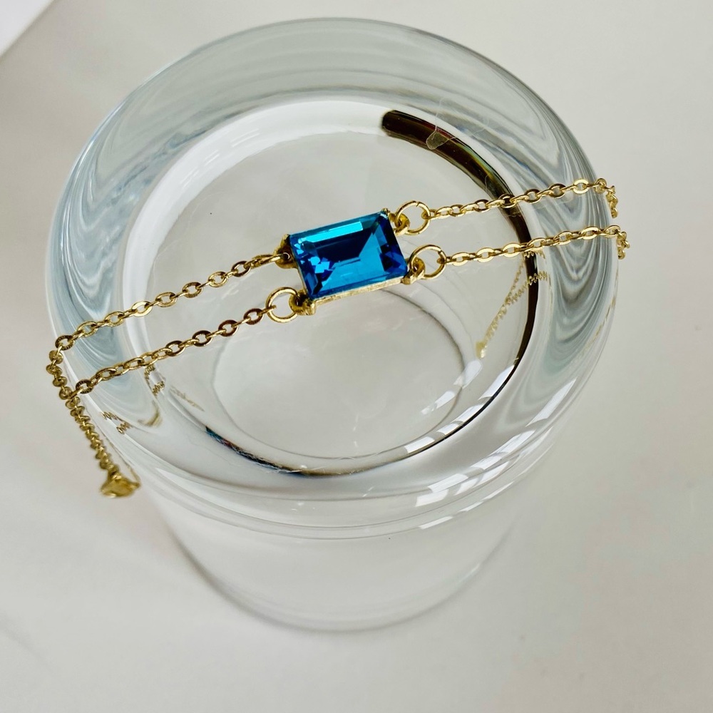 ZAD Gold Blue Rectangle Gemstone Chain Bracelet Anklet NWO